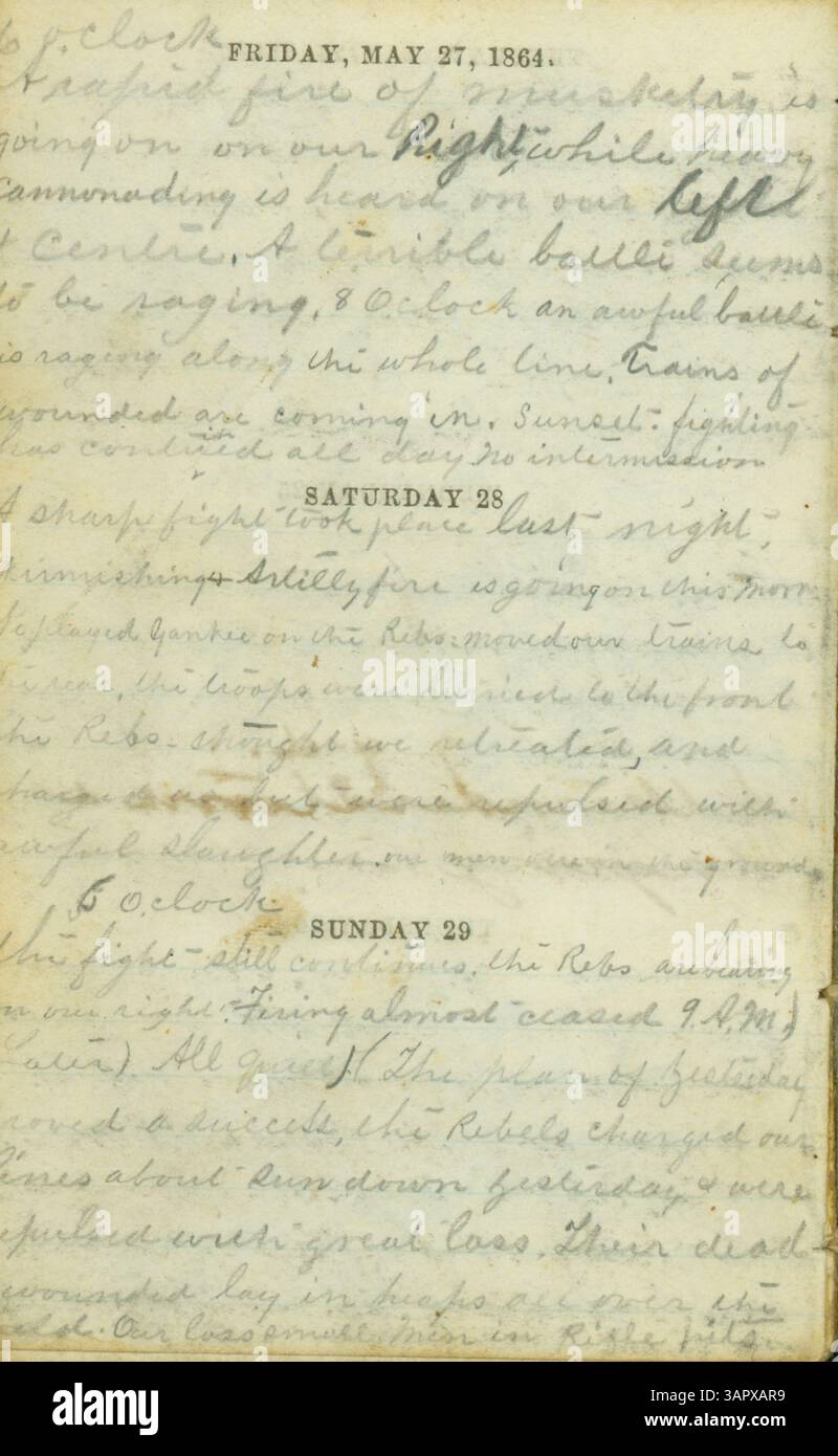 The pocket diary of John T. Clarke from May to August 1864 provides an account of the 31st Missouri Infantry's involvement in the Atlanta campaign, highlighting the tactical operations, casualties, and experiences of soldiers during this key battle. Stock Photo