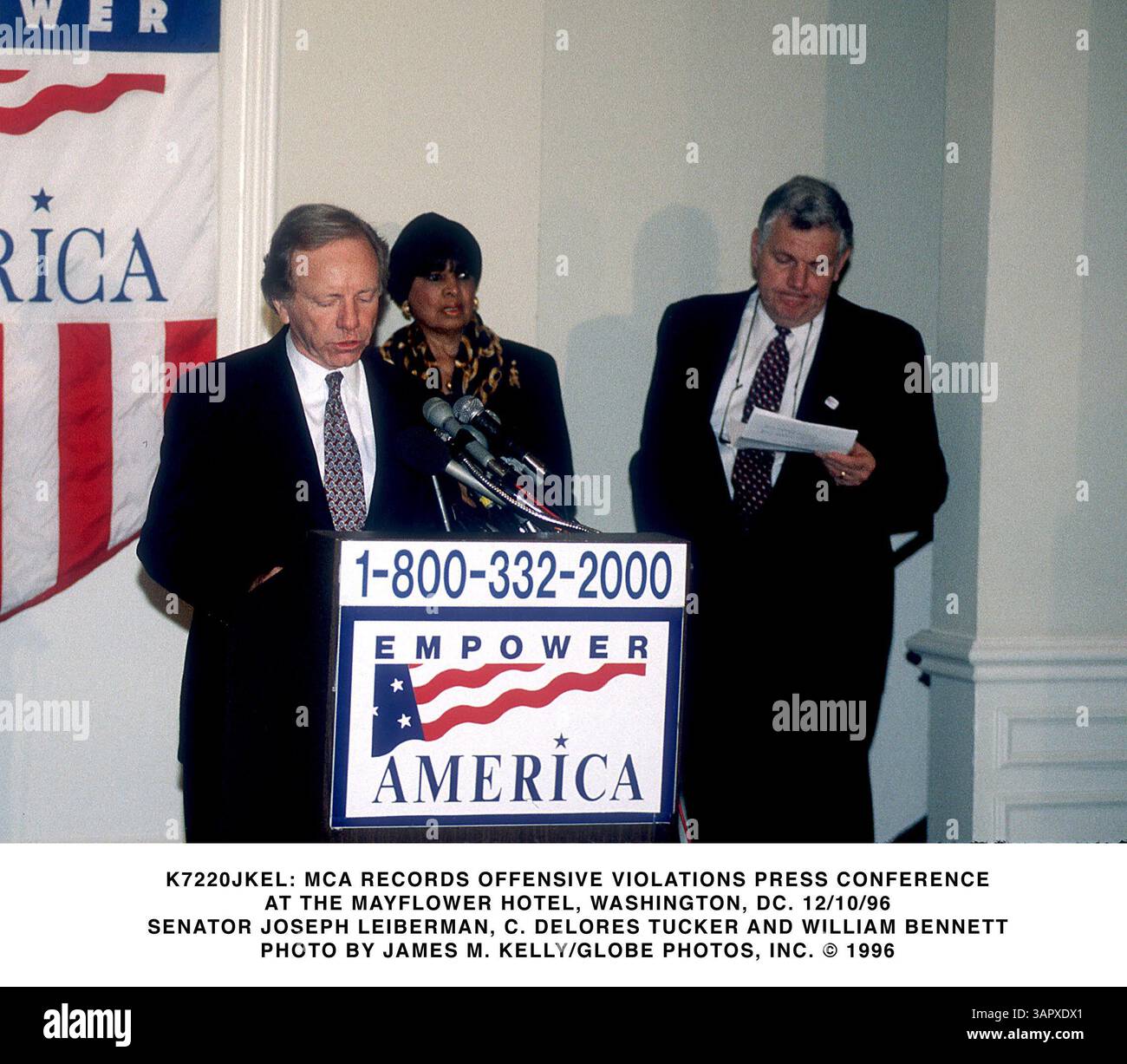 Jan. 1, 2011 - K7220JKEL: MCA RECORDS OFFENSIVE VIOLATIONS PRESS CONFERENCE.AT THE MAYFLOWER HOTEL, WASHINGTON, DC. 12/10/96.SENATOR JOSEPH LEIBERMAN, C. DELORES TUCKER AND WILLIAM BENNETT. JAMES M. KELLY/   1996(Credit Image: © Globe Photos/ZUMAPRESS.com) Stock Photo