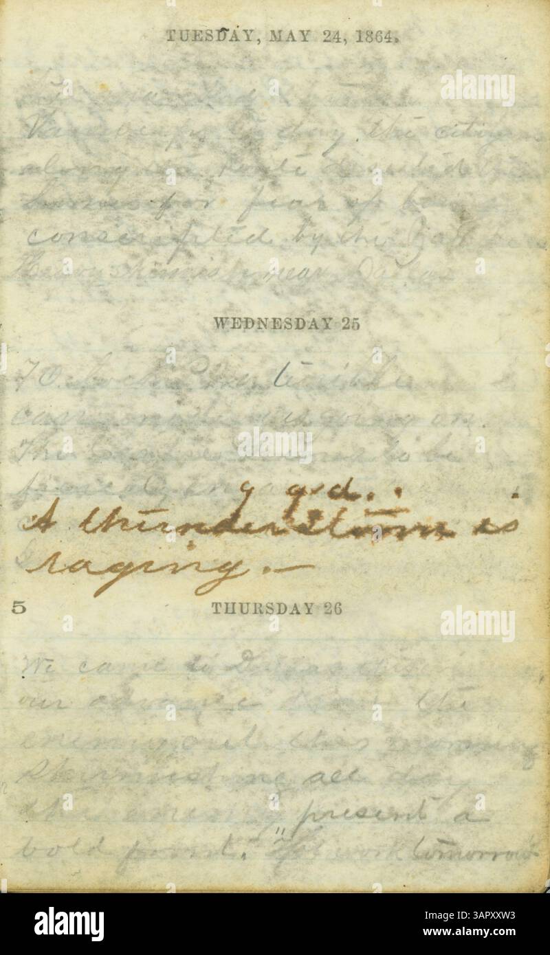 The pocket diary of John T. Clarke (May-August 1864) includes descriptions of the 31st Missouri Infantry’s military operations during the Atlanta campaign, providing accounts of troop movements, battle outcomes, and the soldiers’ casualties. Stock Photo