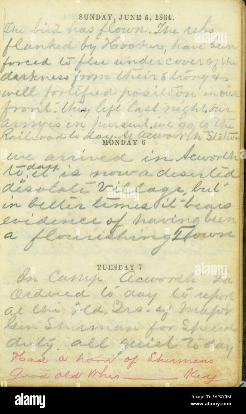 This pocket diary by John T. Clarke from May-August 1864 recounts the 31st Missouri Infantry’s military operations during the Atlanta campaign, including troop movements, battle tactics, and the heavy casualties sustained by Union soldiers. Stock Photo