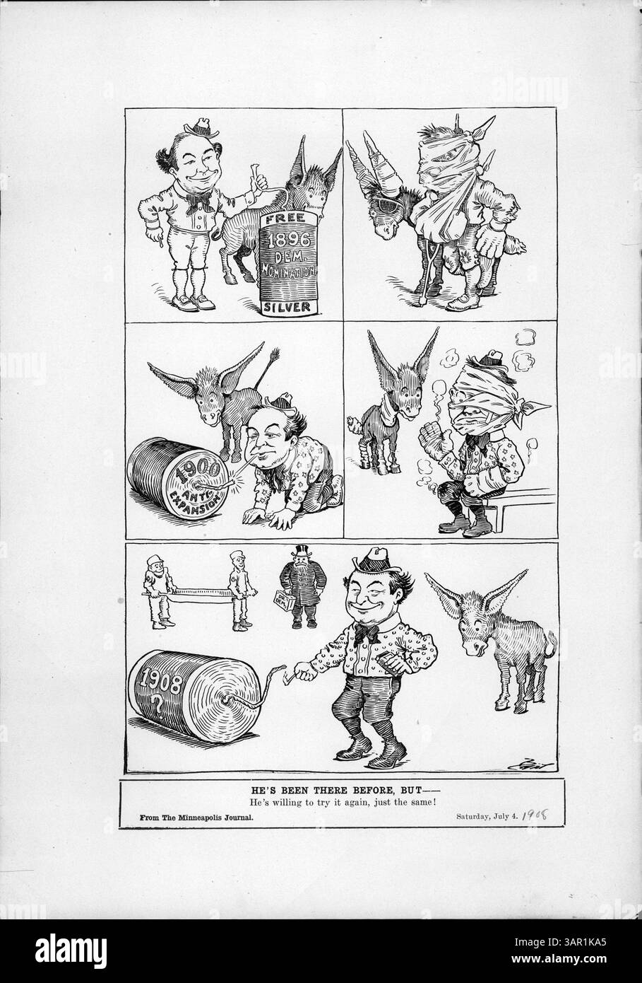 This cartoon features William Jennings Bryan and the Democratic Donkey ...