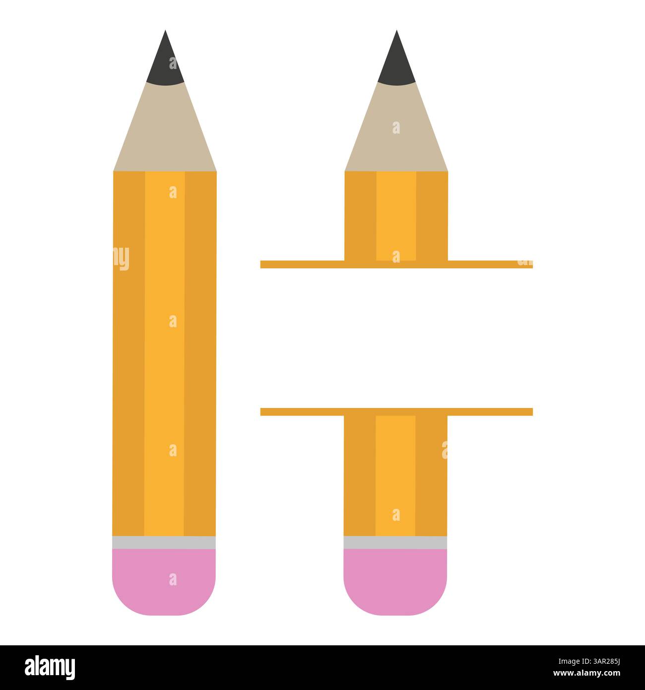 Split pencil parts. Full and half. Vector yellow illustration. Eraser ...