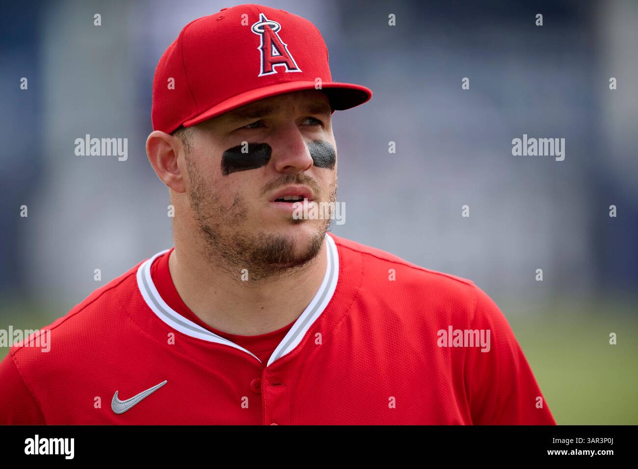 Los Angeles Angels outfielder Mike Trout (27) before an MLB baseball ...