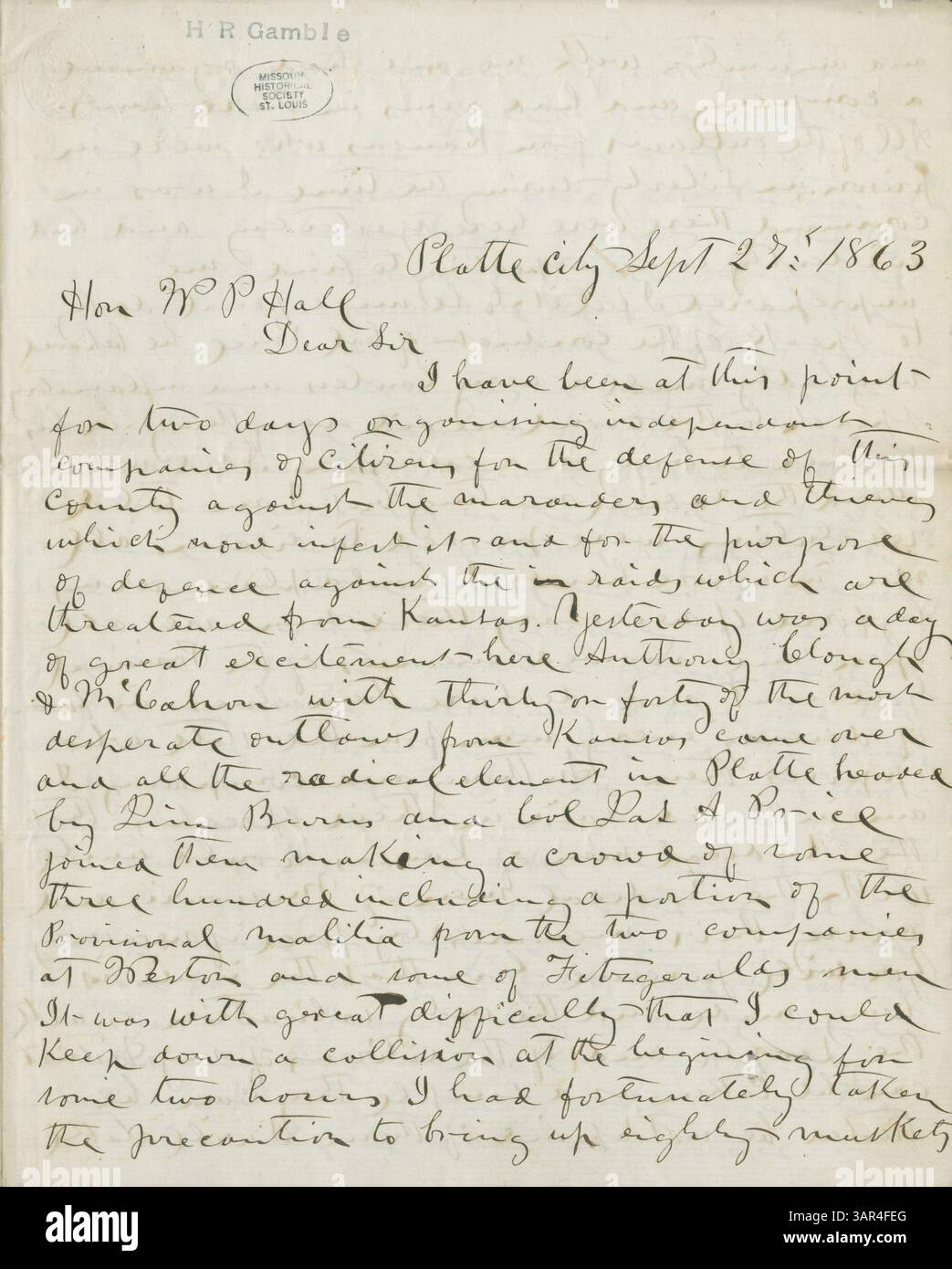 A letter from James H. Moss, Colonel of Platte City, to Governor W.P ...