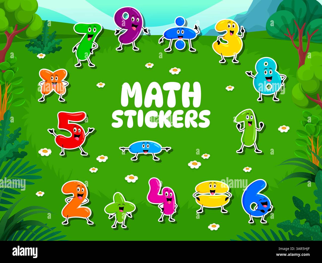Cartoon math numbers characters stickers pack on a green meadow. Vector ...