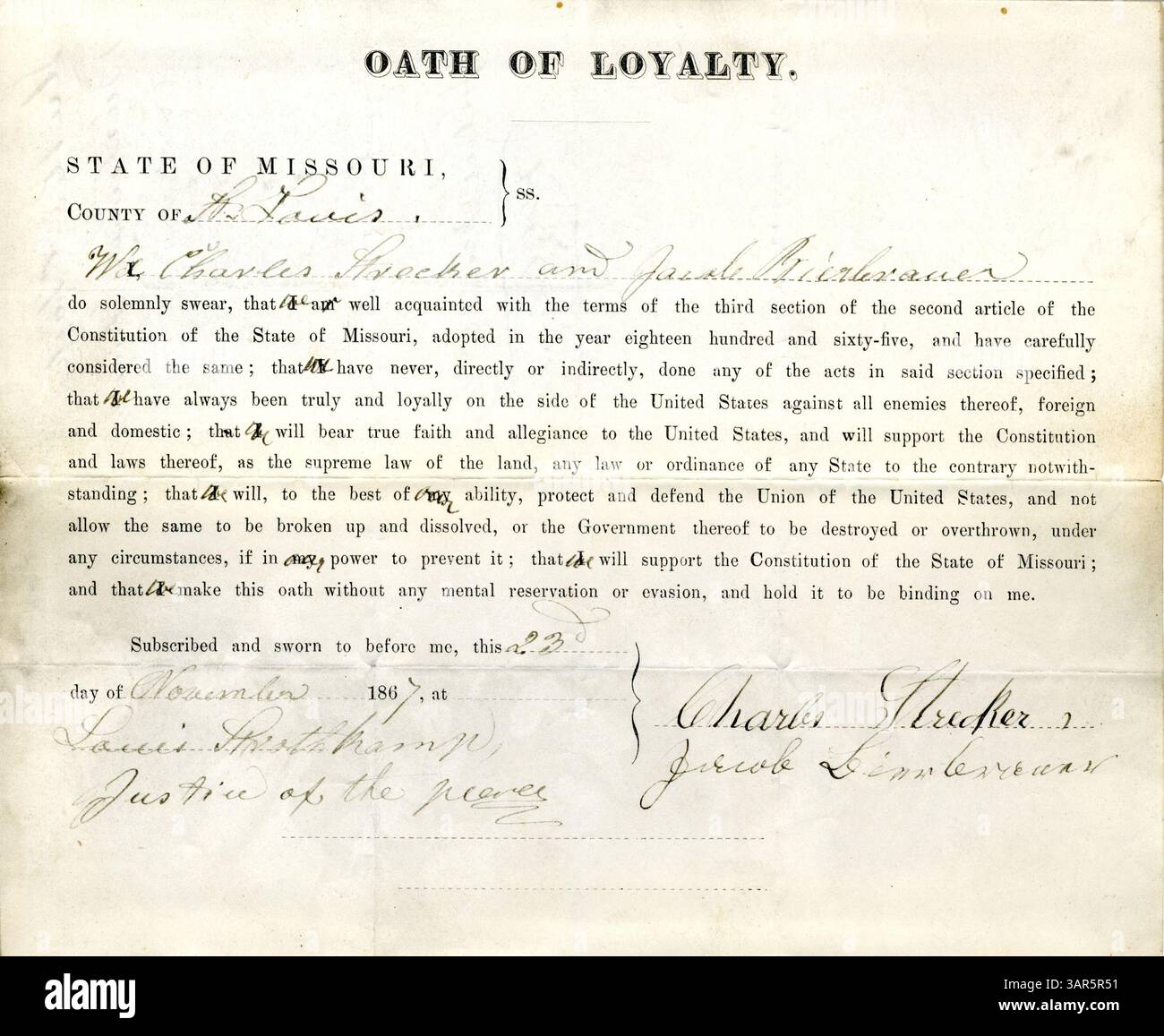 Charles Strecker and Jacob Bierbrauer of St. Louis, Missouri, swear an ...