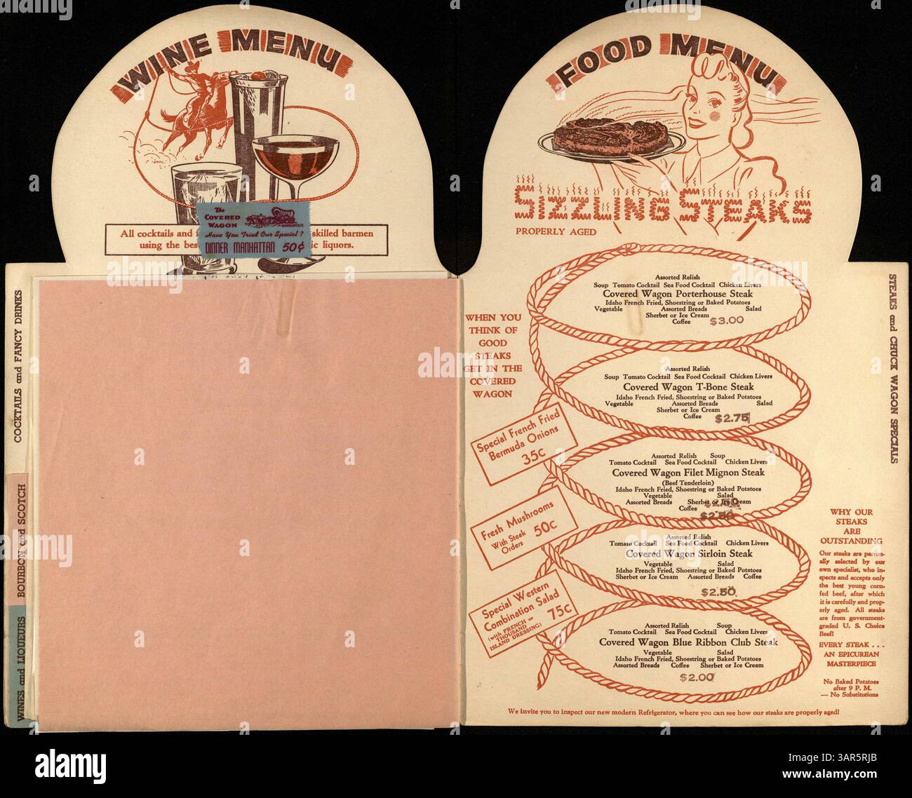 This menu, shaped like a covered wagon, is a 22-page booklet with a Duncan Hines recommendation. It advertises drinks, sandwiches, trimmings, steaks, and beverages, with several photos of the restaurant and a Summer Special ad attached. Stock Photo