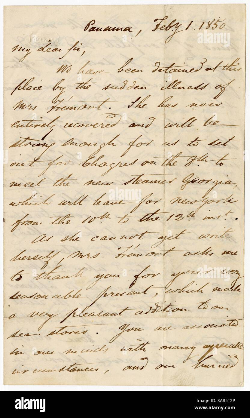 John Charles Fremont and Pardon Dexter Tiffany’s letters, written between 1849 and 1850, span locations like San Francisco, Monterey, Panama, New York City, and Washington, D.C. The letters cover business discussions and the political environment of the time. Stock Photo
