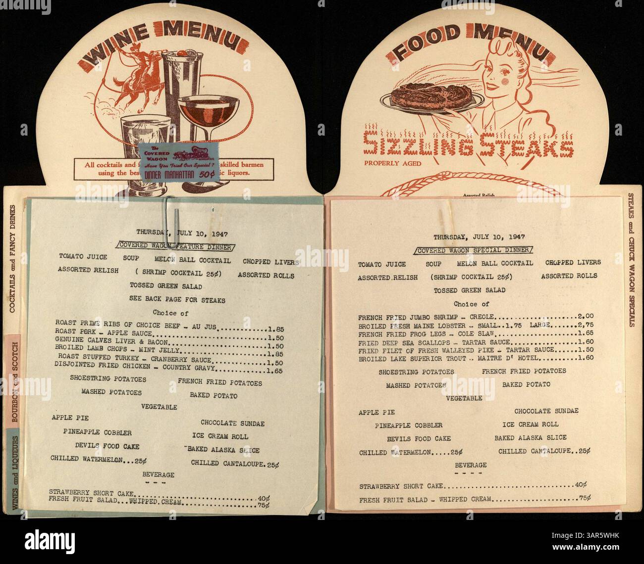 This 22-page stapled menu shaped like a covered wagon features a Duncan Hines recommendation sticker. The menu includes sections for drinks, sandwiches, trimmings, steaks, and beverages, along with photos of the restaurant and a Summer Special advertisement stapled to the front. Stock Photo