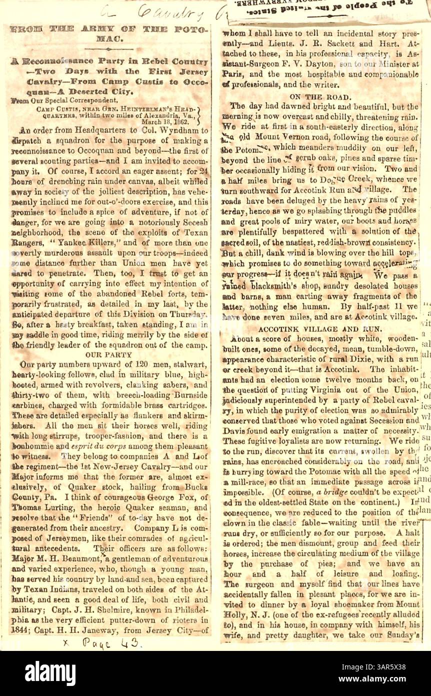 This newspaper clipping from March 18, 1862, by Thomas Butler Gunn describes a reconnaissance mission of the 1st New Jersey Cavalry during the American Civil War. The account details the journey from Camp Custis to Occoquan and provides insights into the conditions and activities of the cavalry unit during the war. Stock Photo