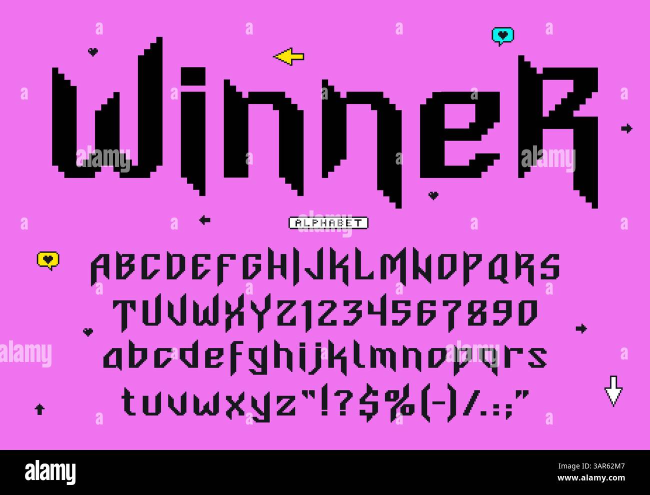 8 bit pixel art font, arcade game typeface, retro video type, computer alphabet vector typography numbers and letters. 8 bit video game console screen font with digital pixel pattern of black squares Stock Vector