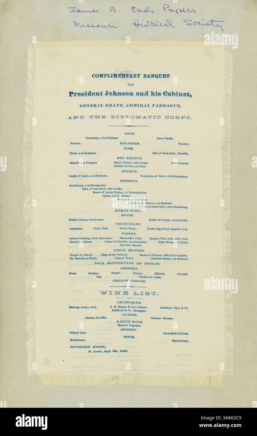 Menu and envelope from a banquet held to honor President Andrew Johnson ...