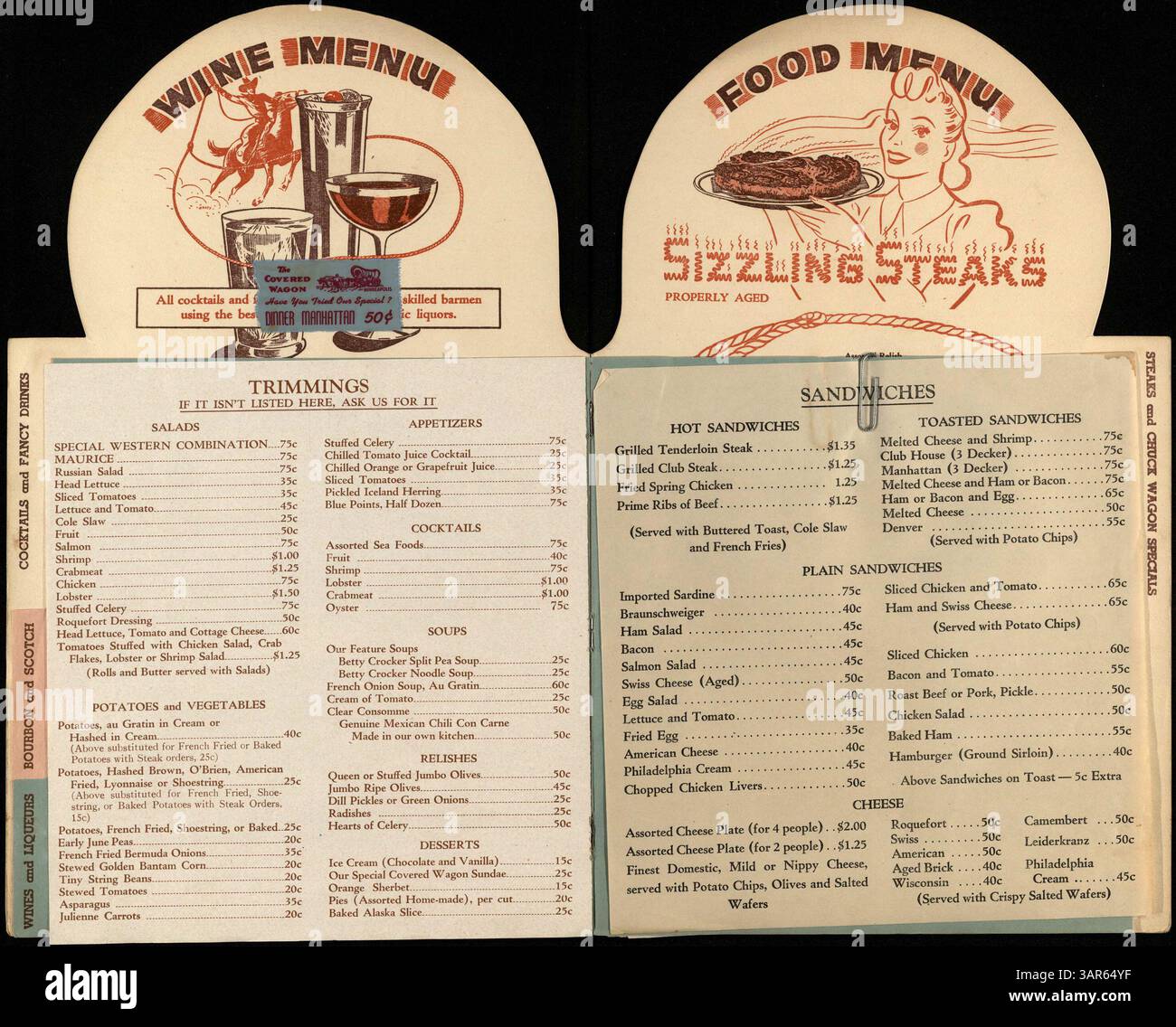 The Covered Wagon Menu is a 22-page booklet shaped like a covered wagon, featuring a Duncan Hines recommendation sticker on the front. It includes a drink menu, restaurant photos, and offerings such as sandwiches, trimmings, beverages, steaks, and daily specials. A Summer Special advertisement is also stapled to the front. Stock Photo