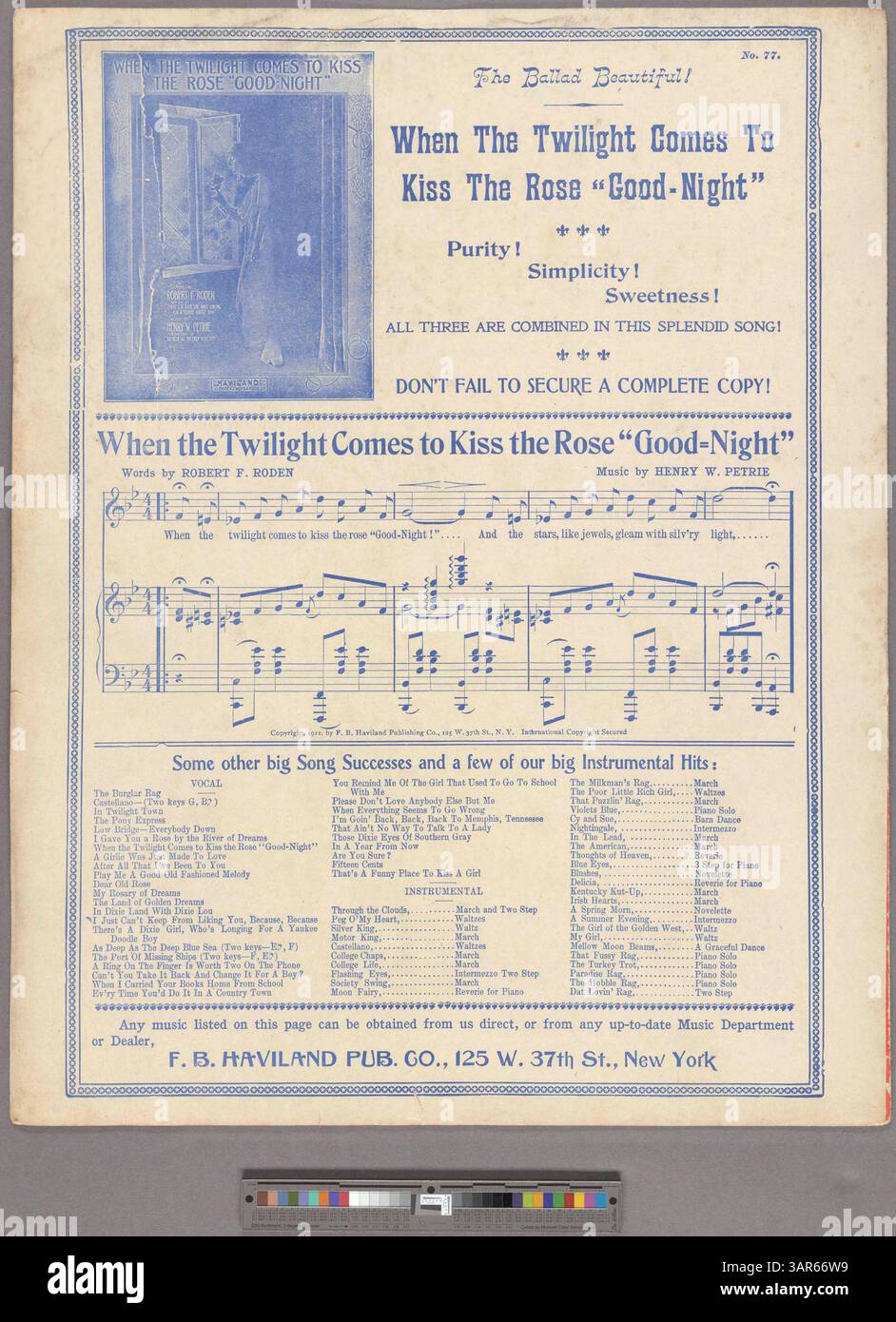 'Young American We're Strong for You' is a musical composition with a vocal range from D4 to E5. Page 2 includes an advertisement for additional songs from the publisher. The song is available for phonographs from Victor, Columbia, Edison, and Rex-5249 Records, as well as for player pianos. The back cover promotes 'When the Twilight Comes to Kiss the Rose 'Good-Night' by Henry W. Petrie and other songs from the publisher. Stock Photo