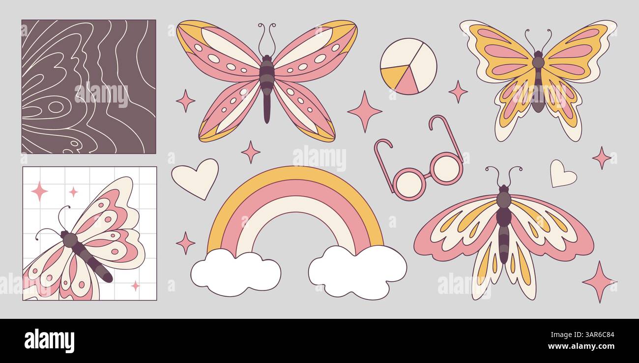Retro style butterflies set isolated on background. Vector cartoon ...