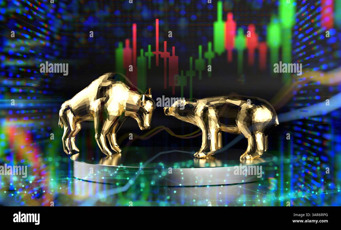 Bull and bear economy concept with 3d rendering bull and bear on stock