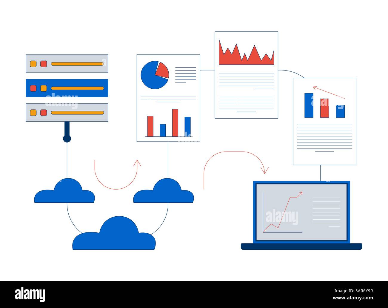 Transfer data analytics from server to laptop 2D illustration concept Stock Vector