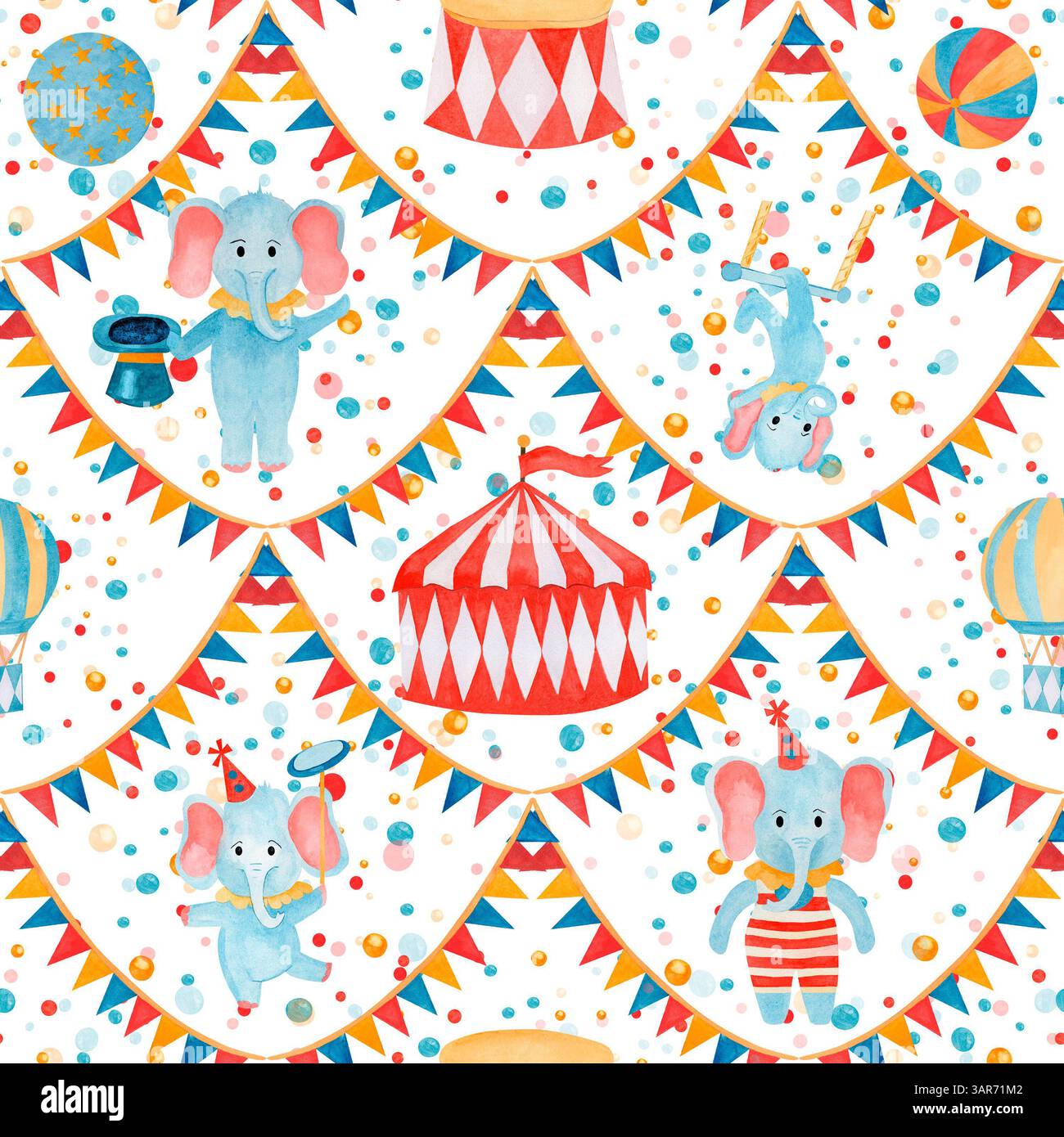 Seamless pattern watercolor hand drawn circus cartoon elephants ...
