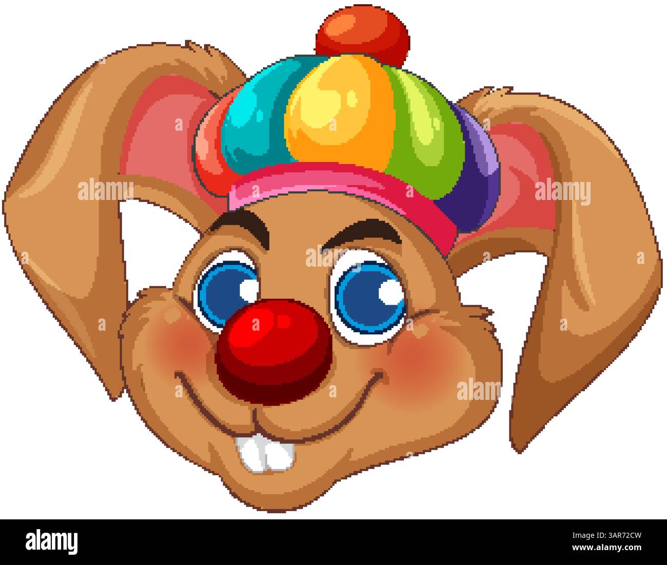 Playful cartoon bunny with a rainbow clown hat and bright blue eyes ...