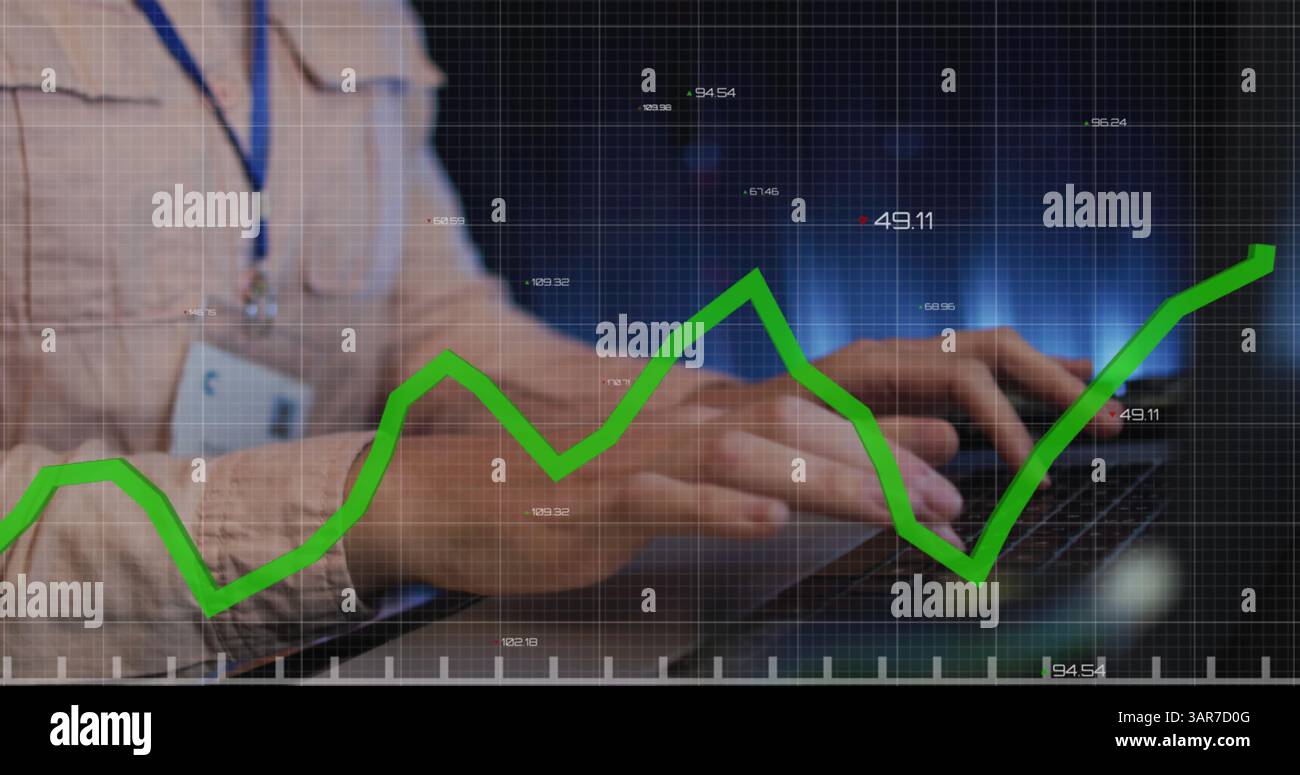 Image of data processing over caucasian female it engineer using laptop by computer server Stock Photo
