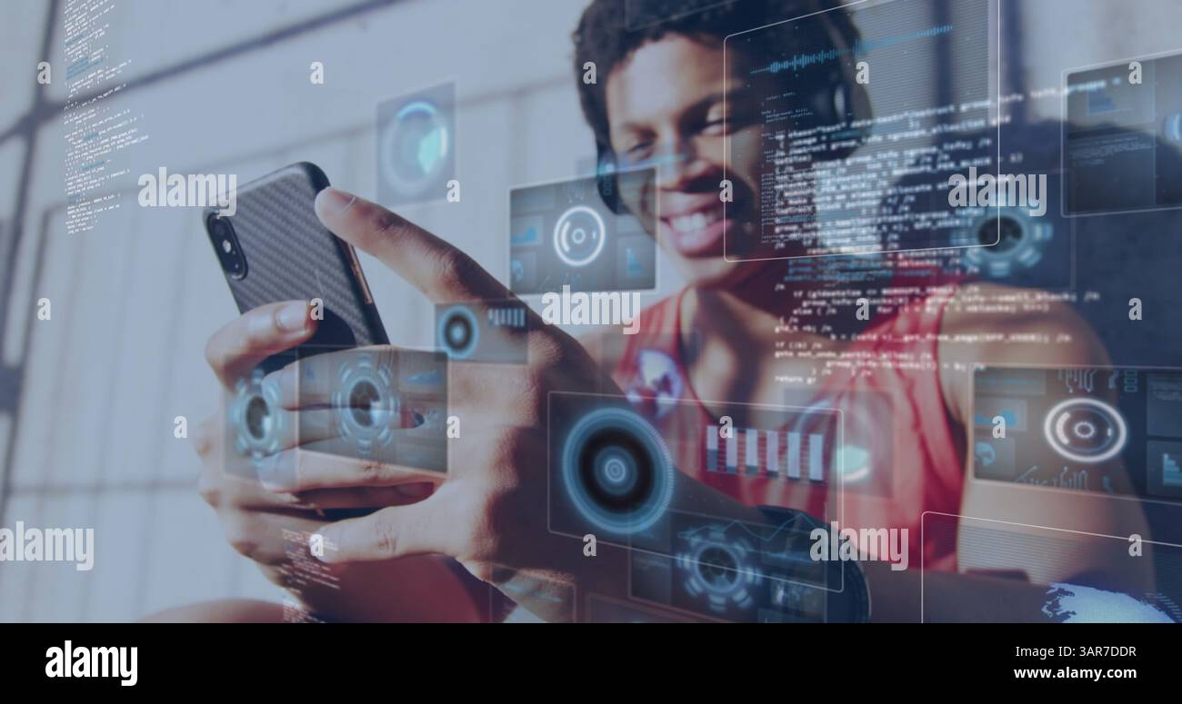 Image of digital screens over smiling biracial man using smartphone Stock Photo