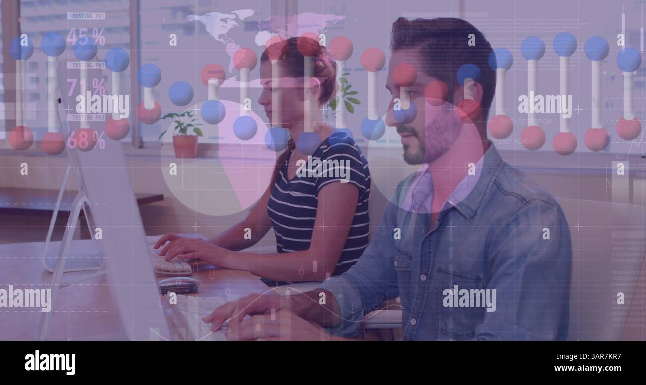 Image of dna strand and statistics, data processing over business people using computer Stock Photo