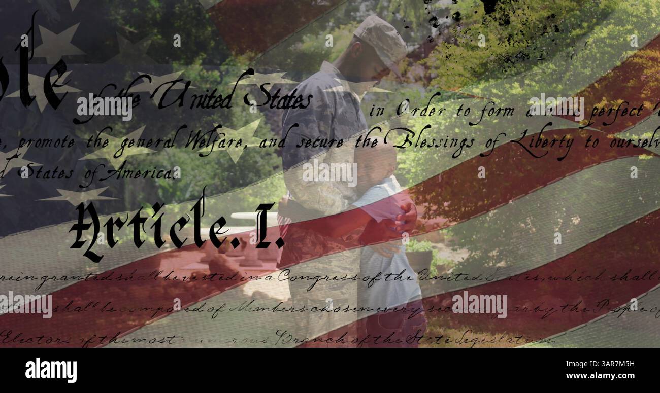 Image of flag of united states of america over african american male ...