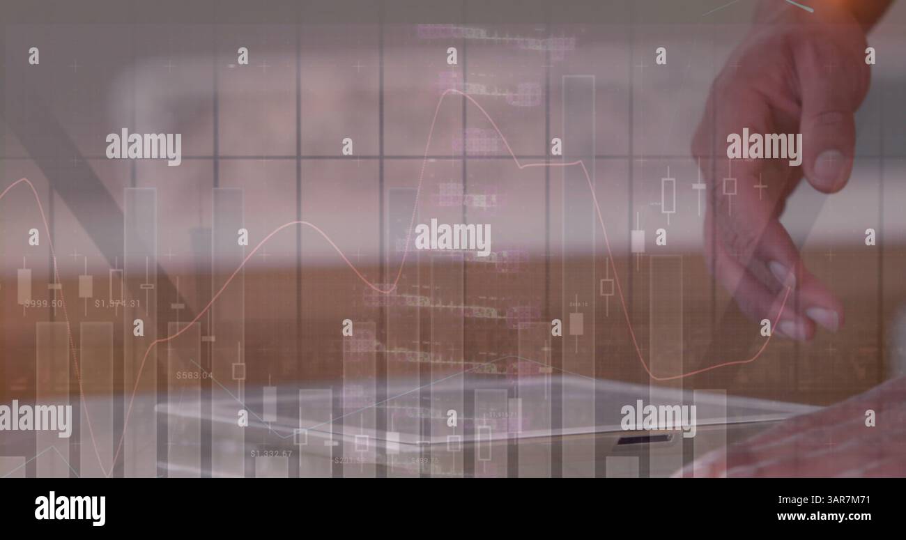 Image of dna strand, statistics and data processing over businessman using tablet Stock Photo