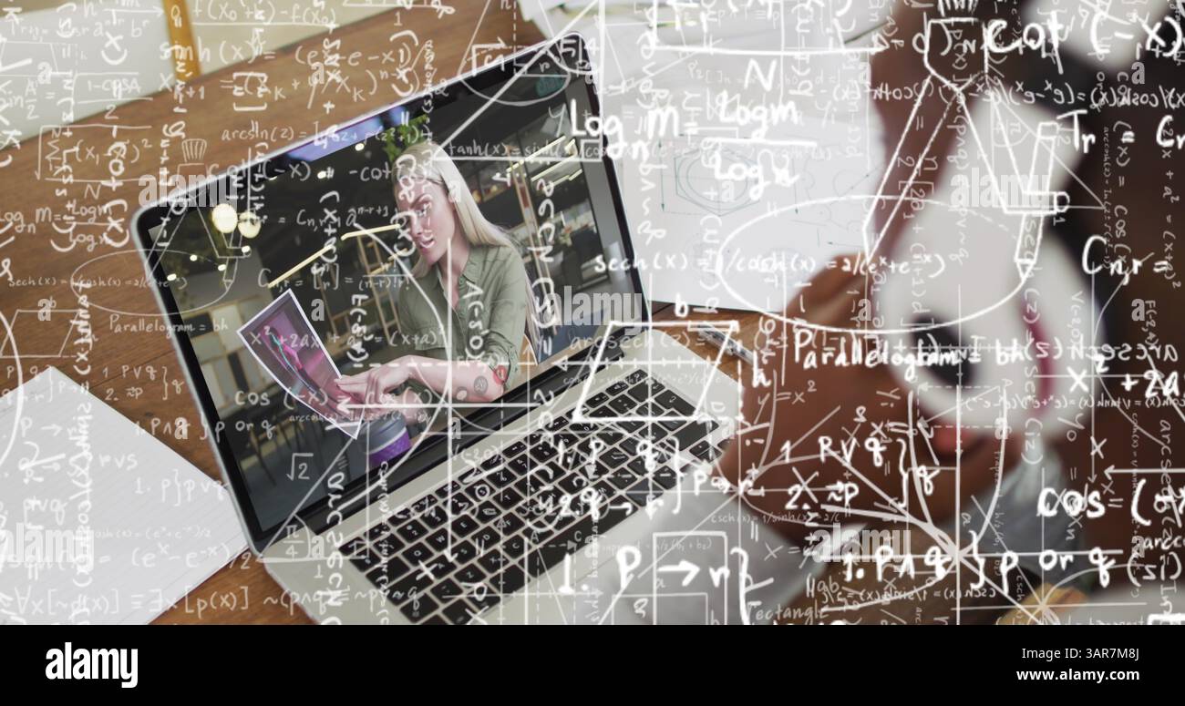 Image of mathematical equations over african american boy having school image call Stock Photo
