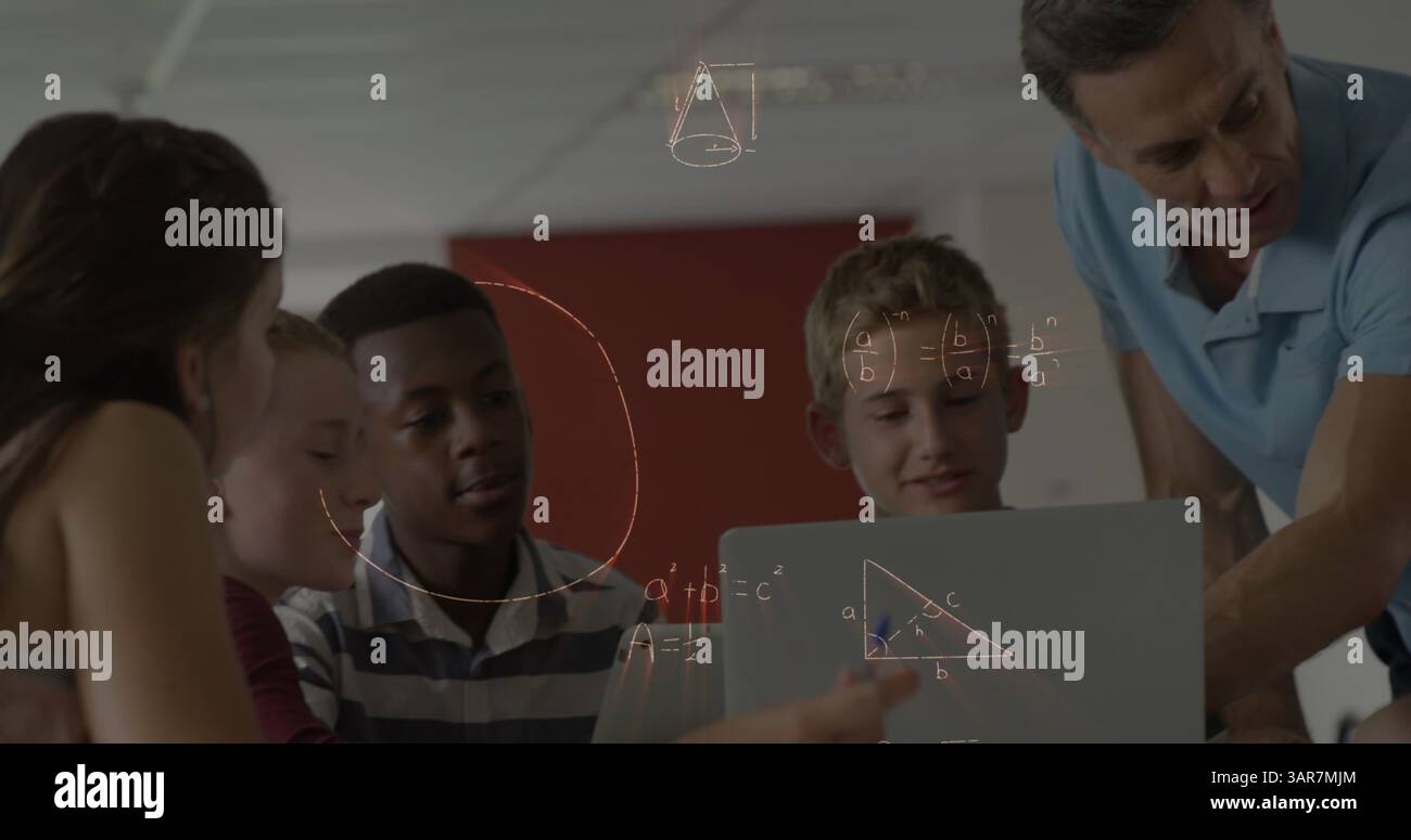 Image of mathematical formulas over students using computers Stock ...