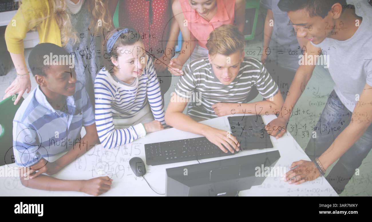 Children Playing Math On Computer Image of mathematical equations with school children using computer in ...