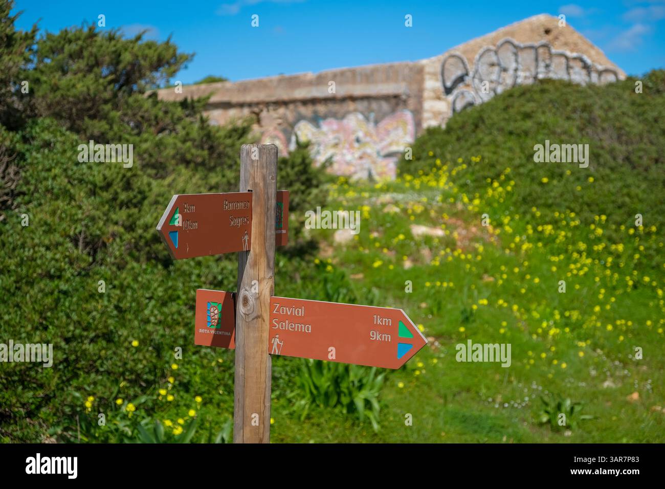 Raposeira, Algarve, Portugal - Signposts on the hiking trail, fishermen ...