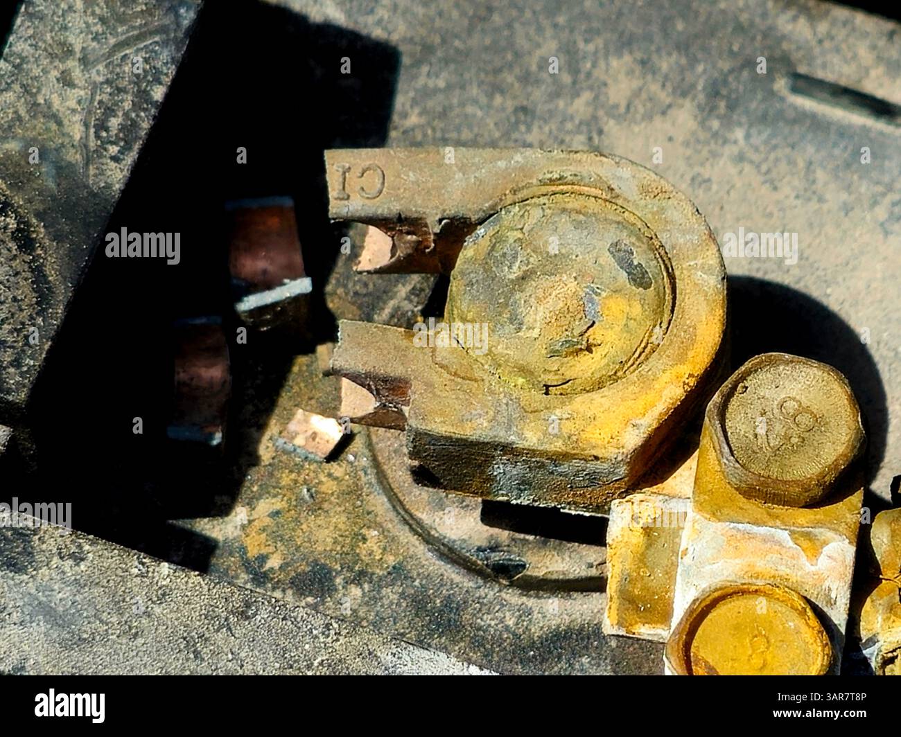 Cairo, Egypt, March 13 2025: broken battery terminal, rusty broken car ...