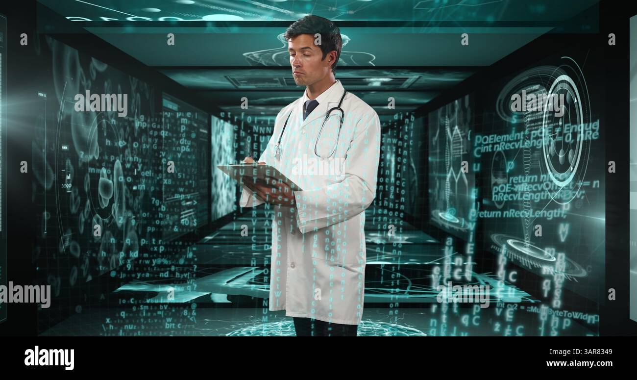 Image of biracial male doctor over data processing Stock Photo