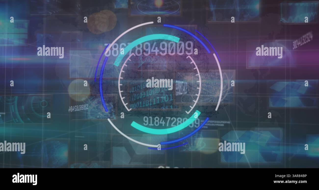 Image of processing circle and changing numbers over diverse data on screens Stock Photo
