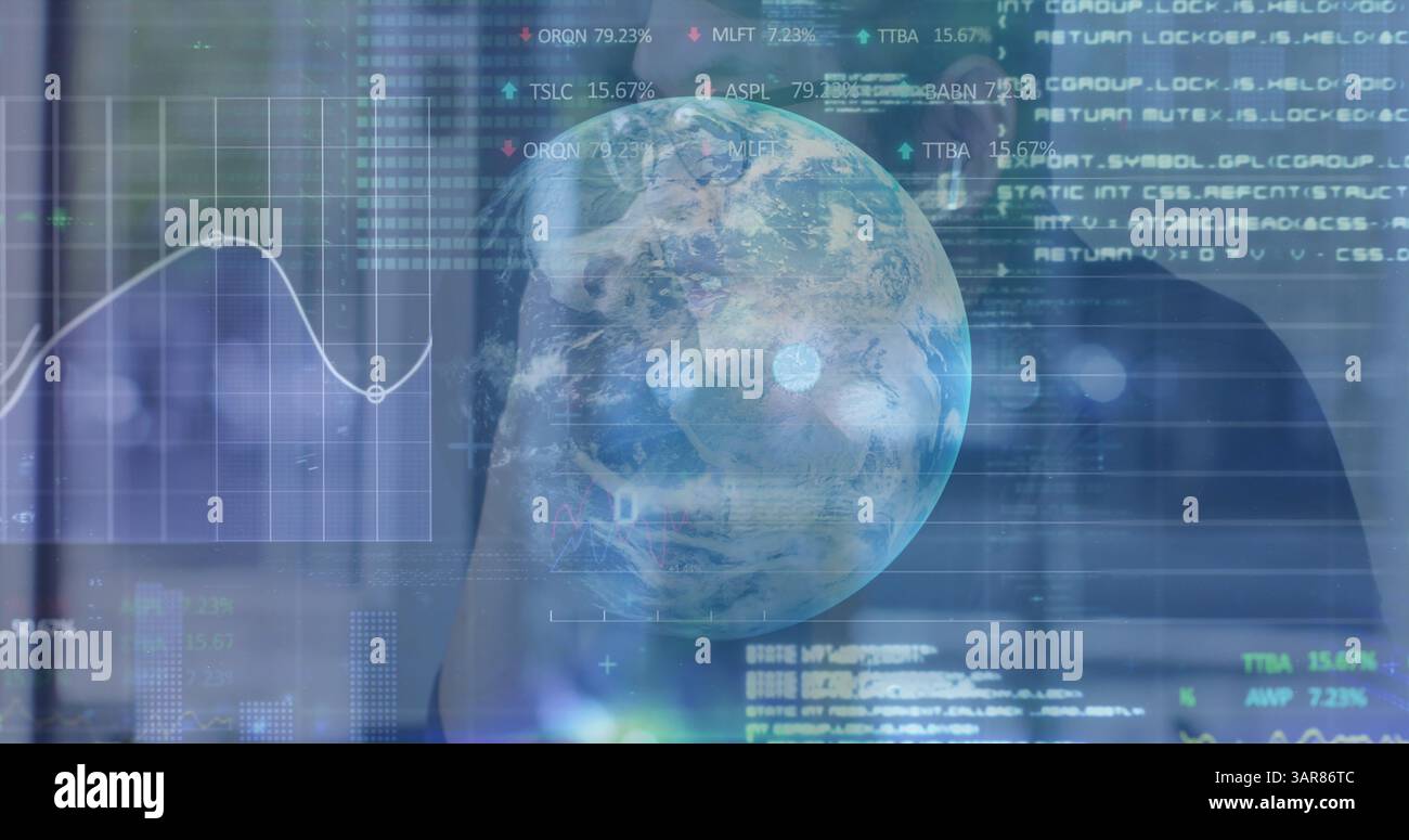 Image of financial statistics over globe with binary coding and businessman talking Stock Photo