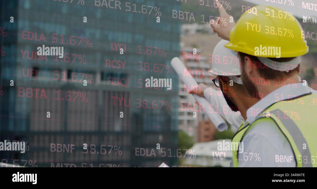 Image of statistics processing over male architects talking at construction site Stock Photo
