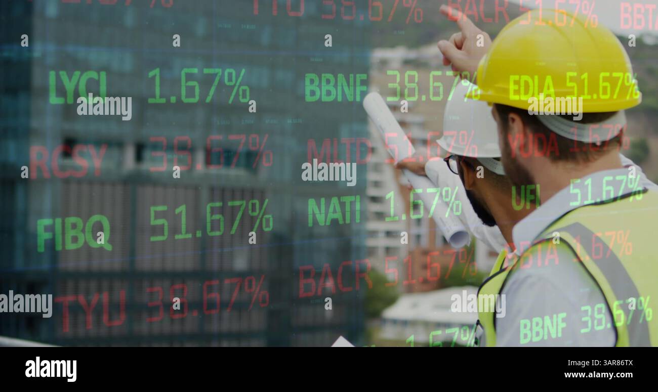 Image of statistics processing over male architects talking at construction site Stock Photo