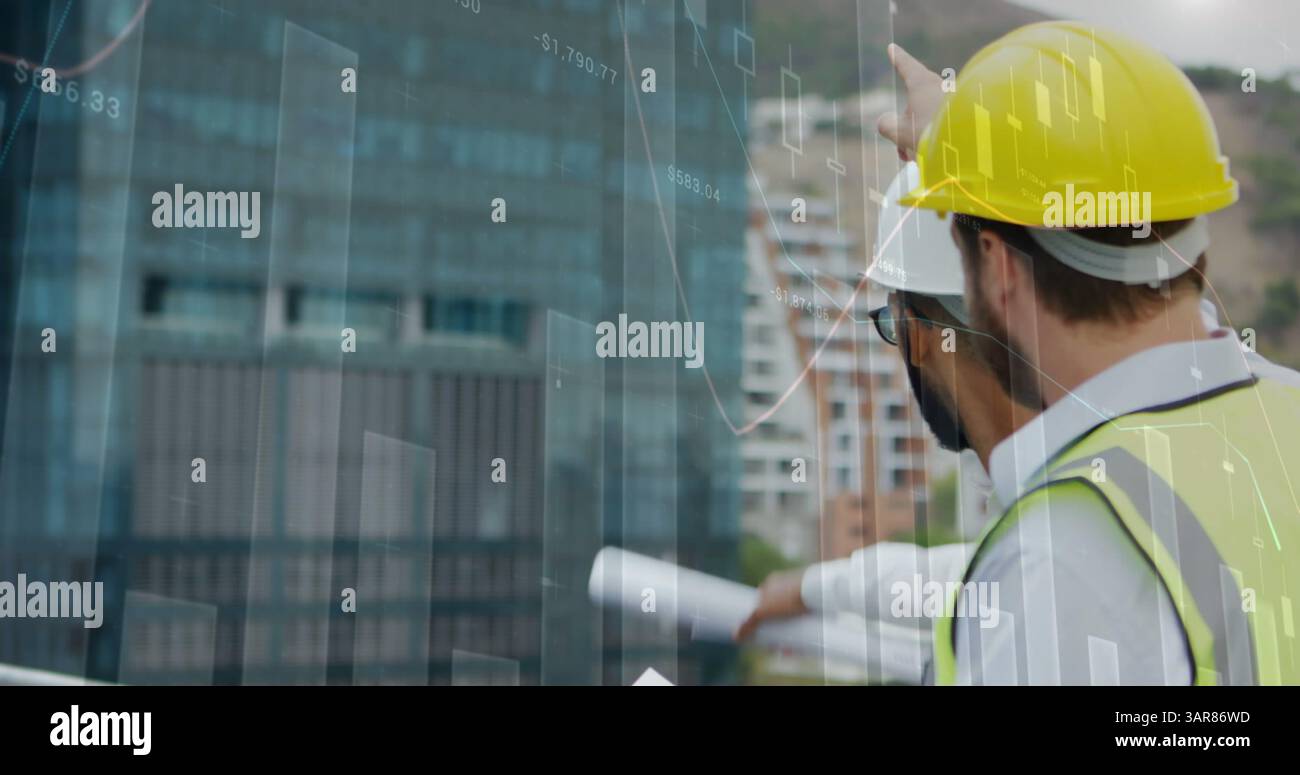 Image of statistics processing over male architects talking at construction site Stock Photo