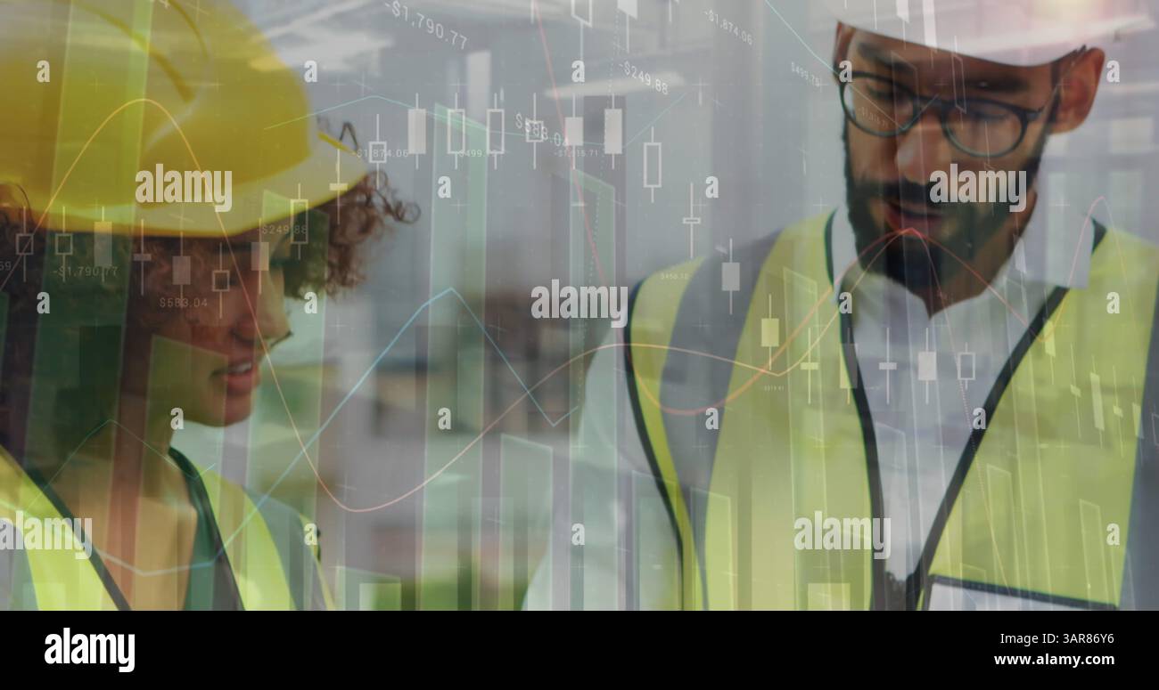 Image of statistics processing over female architect holding plans at construction site Stock Photo