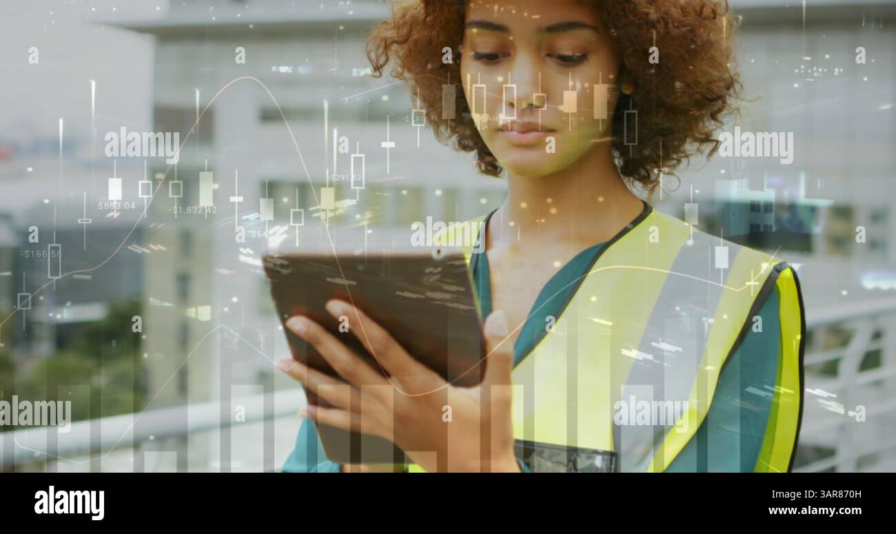 Image of statistics processing over female architect using tablet at construction site Stock Photo