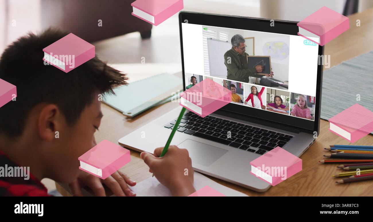 Pink book icons in seamless motion against asian boy doing homework ...