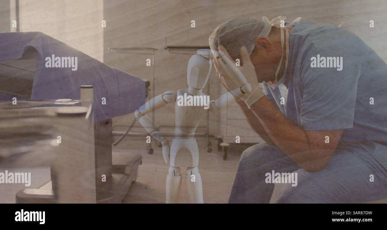 Image of caucasian male doctor over wooden puppet Stock Photo - Alamy