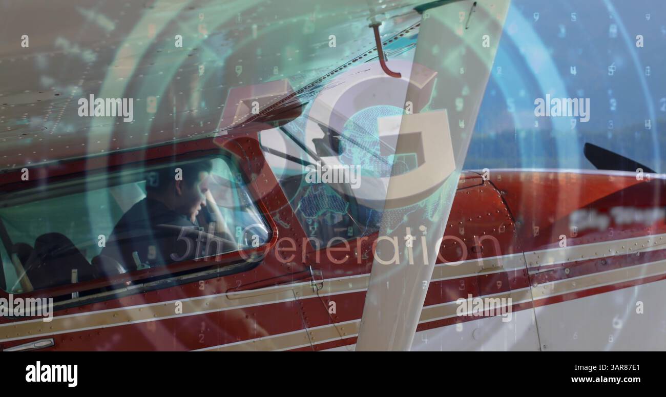 Image of digital interface and 5g text over plane Stock Photo