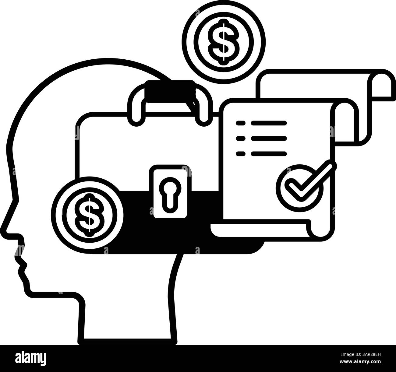 A man head with a briefcase and a piece of paper with a check on it Stock Vector