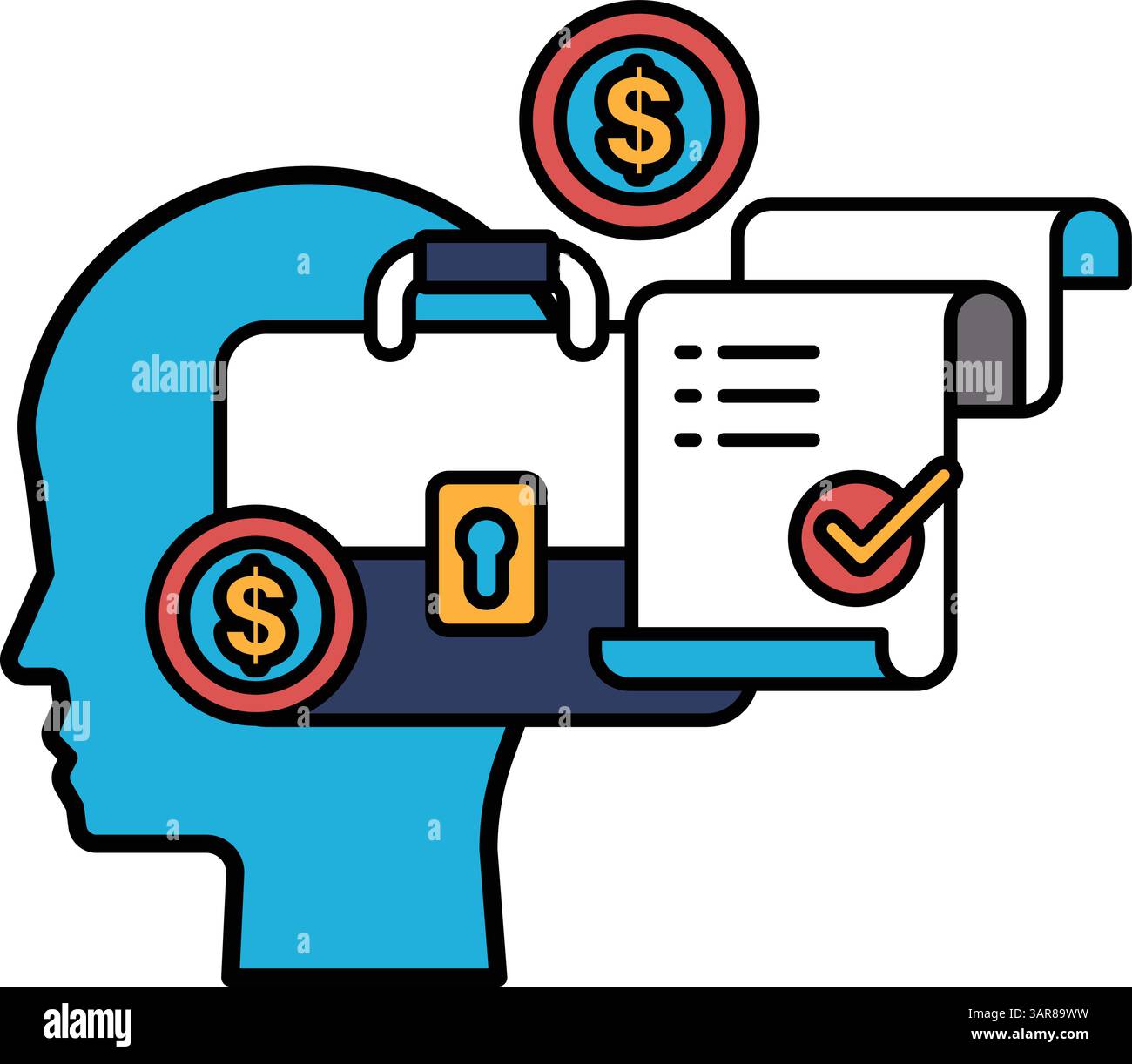 A man's head with a briefcase and a piece of paper with a check on it. The man is holding a key and a wallet Stock Vector