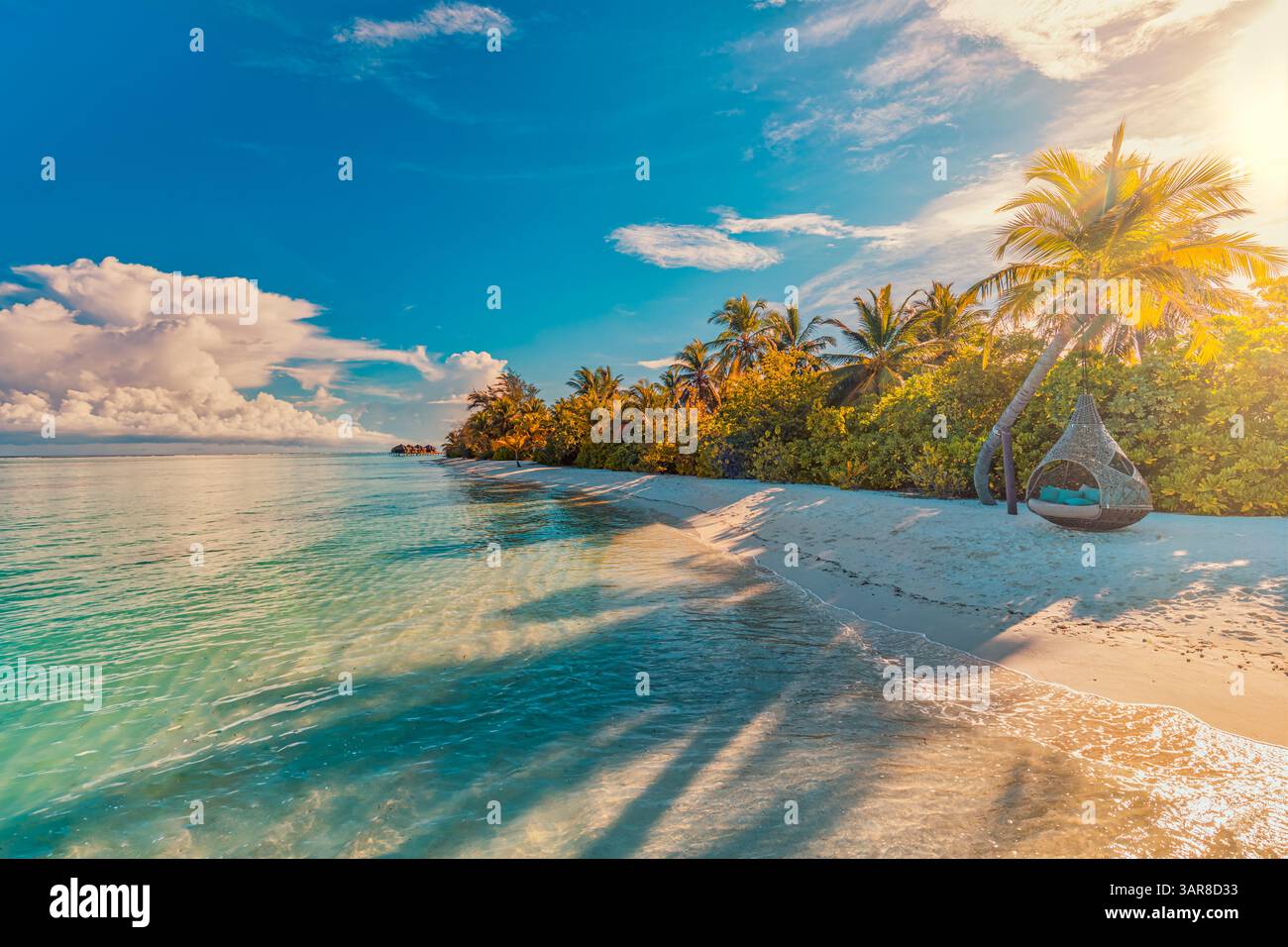 Summer tranquil closeup calm sea water waves with palm trees. Beautiful sunrise sunset sunlight. Tropical island beach landscape exotic shore coast Stock Photo