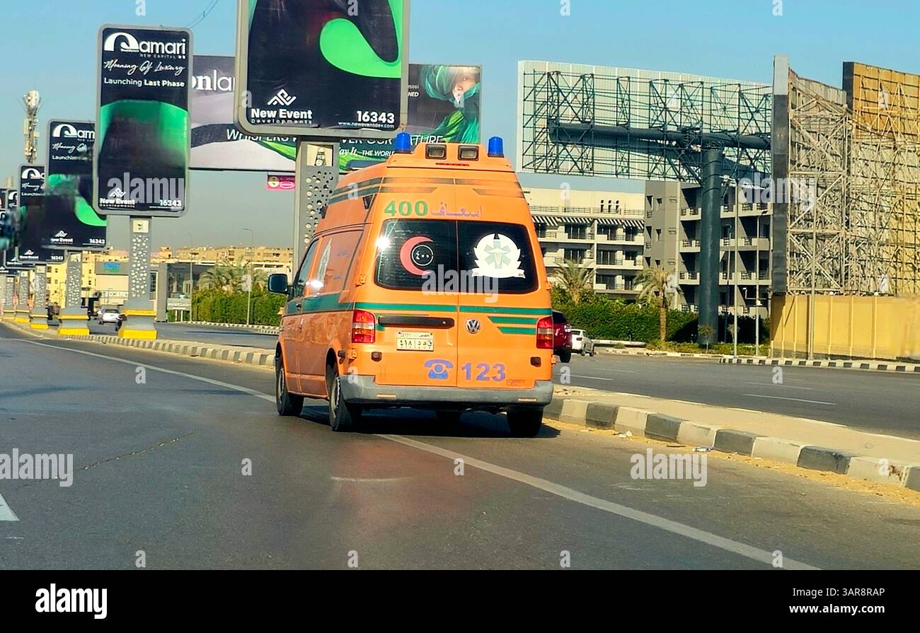 Cairo, Egypt, April 5 2025: Ambulance on road responding for an ...