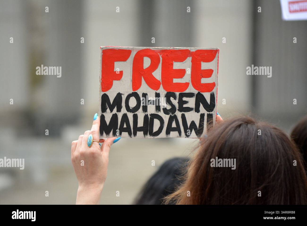 Rally in support of detained Pro-Palestine activist Mohsen Mahdawi in Lower Manhattan. Stock Photo