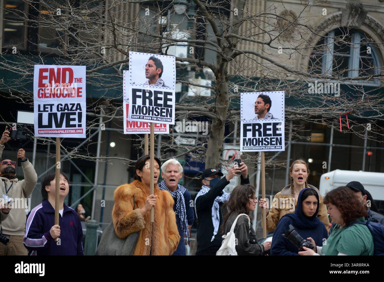 Rally in support of detained Pro-Palestine activist Mohsen Mahdawi in Lower Manhattan. Stock Photo